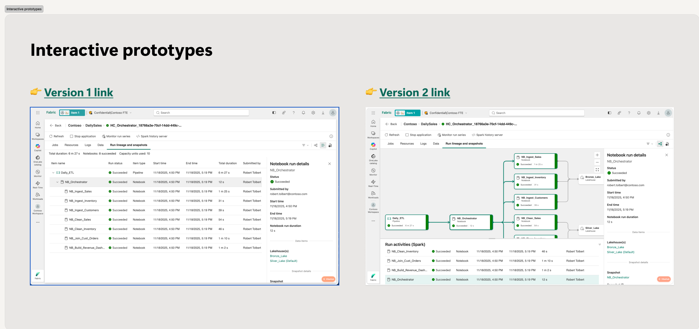 Fabric interactive prototypes showing notebook run lineage tree and snapshot details